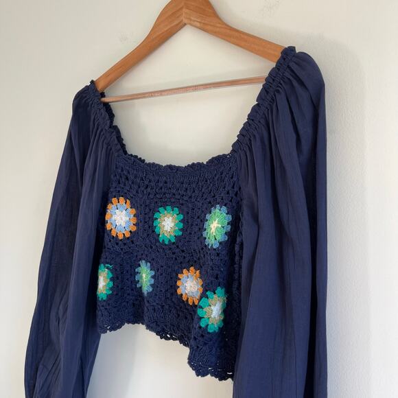 Aerie NWT Crochet Vacay Puff Long Sleeve Floral Cropped Top, Size Small - Picture 4 of 9